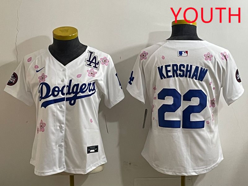Youth Los Angeles Dodgers #22 Kershaw White Sakura Edition 2025 Nike MLB Jersey style 8->youth mlb jersey->Youth Jersey